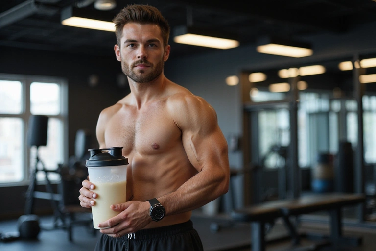 A strong, fit man in a gym setting, holding a protein shaker, with dynamic lighting. Focus on health and fitness.